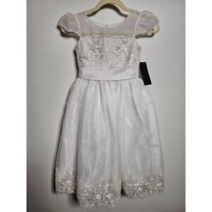 Isobella & Chloe Girls Size 7 A-Line Formal Dress White Zipper Back Tie NWT